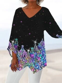 Women's Shirt Christmas Shirt Black White Red Star Christmas Tree Snowflake Print Long Sleeve Christmas Weekend Streetwear Casual V Neck Regular Fit -Cheap Women Clothing Store yhxvsx1663935801788