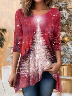 Women's Designer Shirt T Shirt Tee Christmas Shirt Red Blue Purple Christmas Tree Sparkly Flowing Tunic Print Long Sleeve Party Christmas Weekend Festival / Holiday Round Neck Regular Fit Painting -Cheap Women Clothing Store yilabz1697595276884