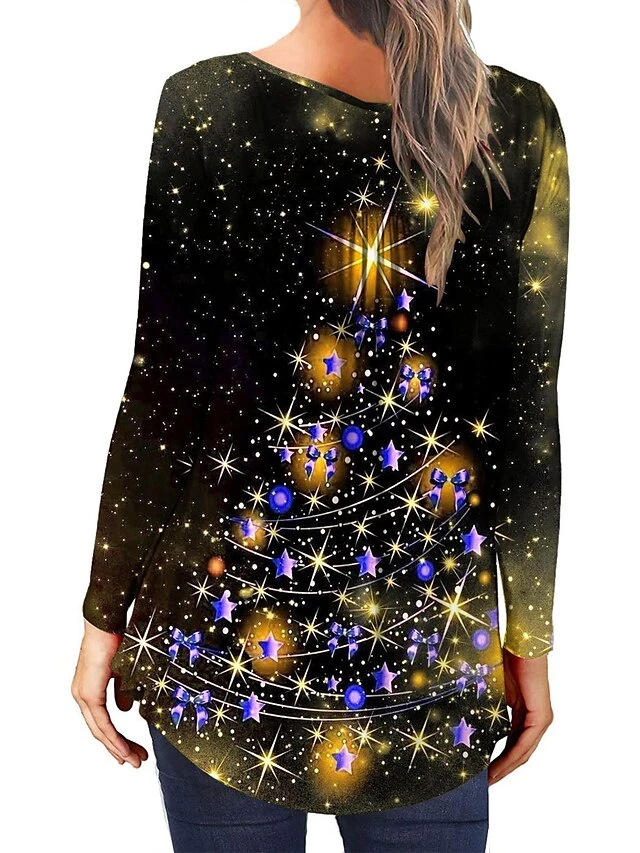 Women's Shirt Christmas Shirt Black Yellow Red Christmas Tree Button Flowing Tunic Print Long Sleeve Christmas Weekend Streetwear Print Christmas Round Neck Regular Fit 10 Women's Shirt Christmas Shirt Black Yellow Red Christmas Tree Button Flowing Tunic Print Long Sleeve Christmas Weekend Streetwear Print Christmas Round Neck Regular Fit - Image 8