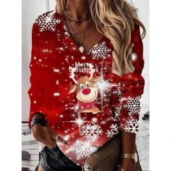 Women's Shirt Christmas Shirt Black Wine Red Snowflake Print Long Sleeve Christmas Weekend Streetwear Casual V Neck Regular Fit Spring Fall -Cheap Women Clothing Store yiwuis1665738519104