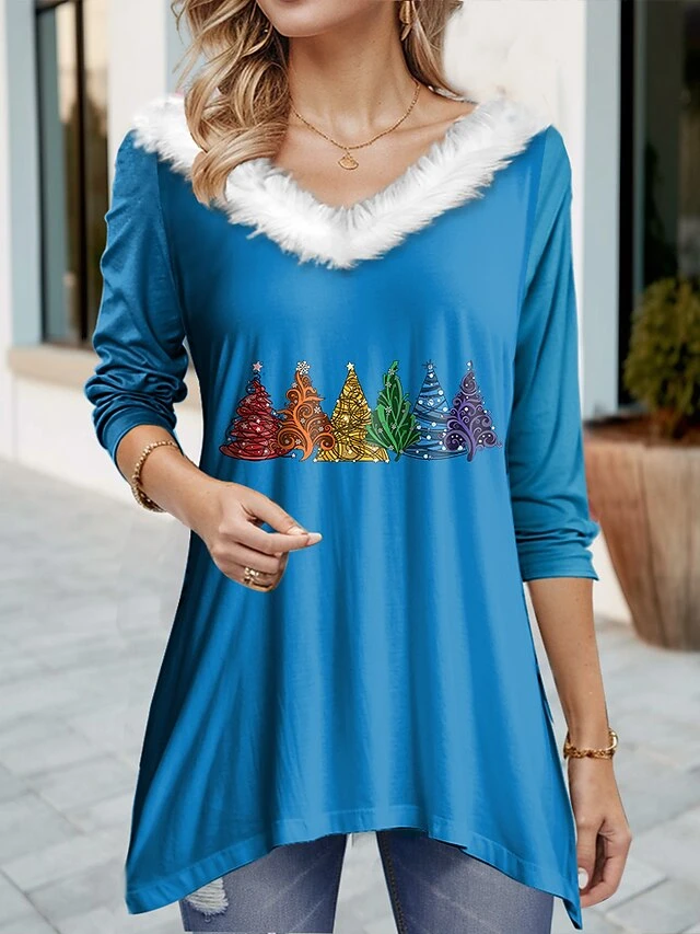 Women's Blouse Christmas Shirt Black Red Blue Christmas Tree Flowing Tunic Print Long Sleeve Party Christmas Casual Festival / Holiday Fur Collar Regular Fit Spring &Fall 5 Women's Blouse Christmas Shirt Black Red Blue Christmas Tree Flowing Tunic Print Long Sleeve Party Christmas Casual Festival / Holiday Fur Collar Regular Fit Spring &Fall - Image 3