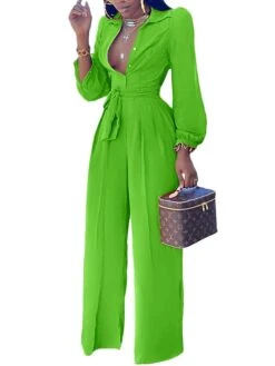 Jumpsuits For Women Summer Dressy Button High Waist Solid Color Shirt Collar Business Office Christmas Work Regular Fit Long Sleeve Black Fuchsia Orange S M L -Cheap Women Clothing Store ykwvmo1681109232764