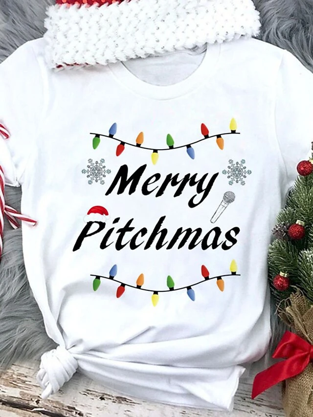 Women's T Shirt Tee Christmas Shirt Black White Yellow Christmas Tree Text Snowflake Print Short Sleeve Christmas Gift Casual Basic Christmas Round Neck Regular Fit Painting 4 Women's T Shirt Tee Christmas Shirt Black White Yellow Christmas Tree Text Snowflake Print Short Sleeve Christmas Gift Casual Basic Christmas Round Neck Regular Fit Painting - Image 2