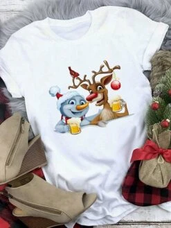 Christmas Snowman Reindeer Beer Cartoon Print Christmas Harajuku Casual Ladies Round Neck Loose Black Short Sleeve T-shirt