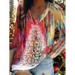 Women's T Shirt Tee Christmas Shirt Black Pink Wine Christmas Tree Print Long Sleeve Christmas Weekend Basic Print Christmas V Neck Regular Fit Painting Fall & Winter -Cheap Women Clothing Store ylnxbb1666084736617