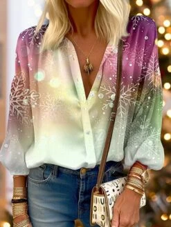 Women's Shirt Blouse Christmas Shirt Red Purple Green Snowflake Button Print Long Sleeve Party Christmas Casual Festival / Holiday Standing Collar Regular Fit Spring &Fall -Cheap Women Clothing Store ylwnod1696659770248