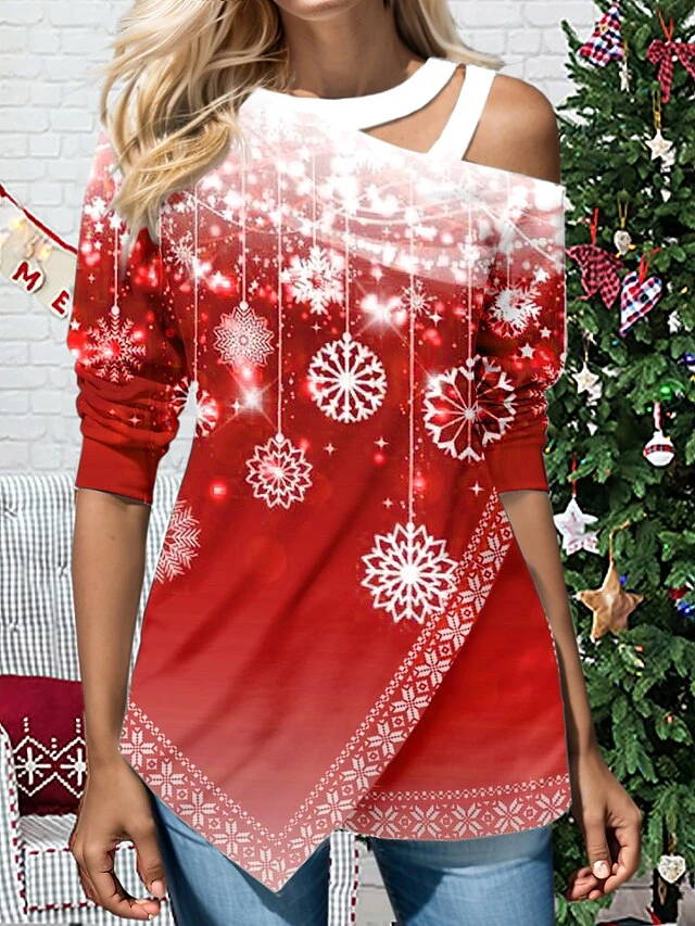 Women's Shirt Blouse Pink Red Blue Snowflake Cut Out Asymmetric Print Long Sleeve Christmas Casual Festival / Holiday Round Neck Regular Fit Spring &Fall 4 Women's Shirt Blouse Pink Red Blue Snowflake Cut Out Asymmetric Print Long Sleeve Christmas Casual Festival / Holiday Round Neck Regular Fit Spring &Fall - Image 2