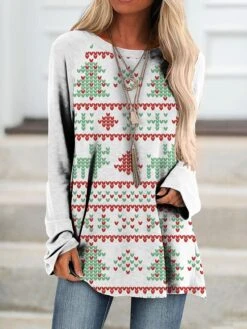 Women's Shirt Christmas Shirt White Wine Red Geometric Ugly Christmas Print Long Sleeve Christmas Weekend Streetwear Casual Round Neck Regular Fit Geometric