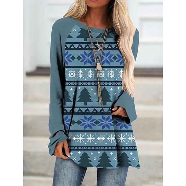 Women's Shirt Christmas Shirt Light Green Royal Blue Blue Christmas Tree Snowflake Ugly Christmas Print Long Sleeve Christmas Weekend Streetwear Casual Christmas Round Neck Regular Fit 4 Women's Shirt Christmas Shirt Light Green Royal Blue Blue Christmas Tree Snowflake Ugly Christmas Print Long Sleeve Christmas Weekend Streetwear Casual Christmas Round Neck Regular Fit - Image 2