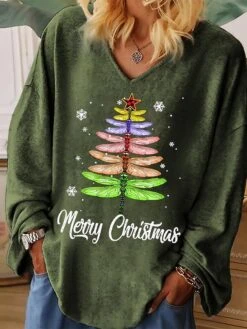 Women's T Shirt Tee Christmas Shirt Green Christmas Tree Print Long Sleeve Christmas Weekend Festival / Holiday V Neck Regular Fit Painting Spring &Fall