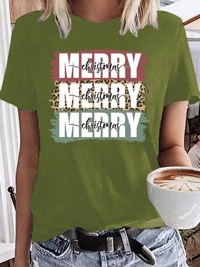 Women's T Shirt Tee Christmas Shirt 100% Cotton Black White Wine Graphic Letter Print Short Sleeve Christmas Daily Weekend Basic Christmas Round Neck Regular Fit Painting 7 Women's T Shirt Tee Christmas Shirt 100% Cotton Black White Wine Graphic Letter Print Short Sleeve Christmas Daily Weekend Basic Christmas Round Neck Regular Fit Painting - Image 5