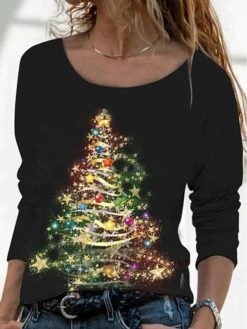Women's T Shirt Tee Christmas Shirt Black White Red Christmas Tree Print Long Sleeve Christmas Weekend Basic Print Christmas Round Neck Regular Fit Painting Fall & Winter