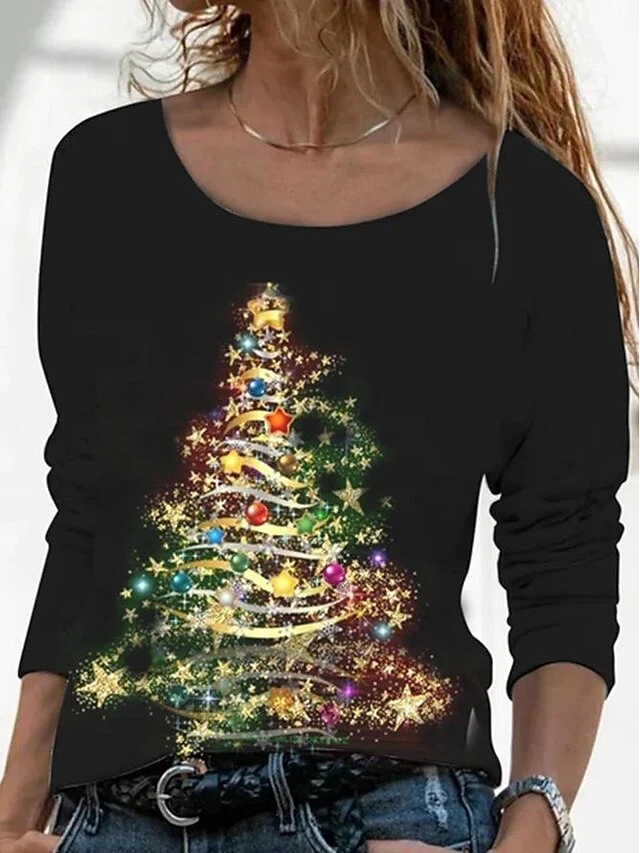 Women's T Shirt Tee Christmas Shirt Black White Red Christmas Tree Print Long Sleeve Christmas Weekend Basic Print Christmas Round Neck Regular Fit Painting Fall & Winter 3 Women's T Shirt Tee Christmas Shirt Black White Red Christmas Tree Print Long Sleeve Christmas Weekend Basic Print Christmas Round Neck Regular Fit Painting Fall & Winter
