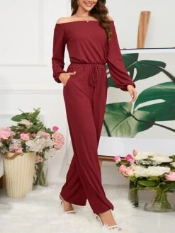 Women's Jumpsuit Pocket Drawstring Solid Color Off Shoulder Christmas Business Office Work Xmas Regular Fit Long Sleeve Black Red Blue S M L Fall -Cheap Women Clothing Store ynhevy1694415719350