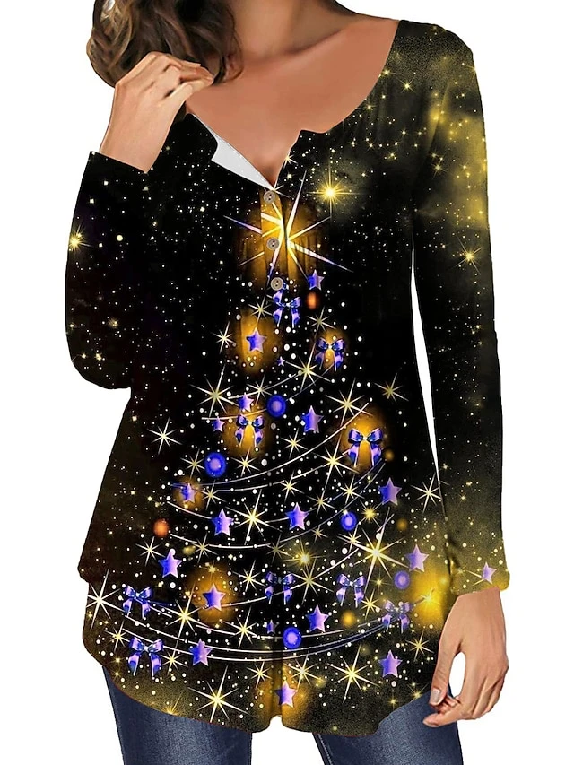 Women's Shirt Christmas Shirt Black Yellow Red Christmas Tree Button Flowing Tunic Print Long Sleeve Christmas Weekend Streetwear Print Christmas Round Neck Regular Fit 9 Women's Shirt Christmas Shirt Black Yellow Red Christmas Tree Button Flowing Tunic Print Long Sleeve Christmas Weekend Streetwear Print Christmas Round Neck Regular Fit - Image 7