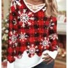 Women's T Shirt Tee Christmas Shirt Pink Red Blue Plaid Snowflake Print Long Sleeve Christmas Weekend Festival / Holiday V Neck Regular Fit Painting Spring &Fall