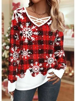 Women's T Shirt Tee Christmas Shirt Pink Red Blue Plaid Snowflake Print Long Sleeve Christmas Weekend Festival / Holiday V Neck Regular Fit Painting Spring &Fall