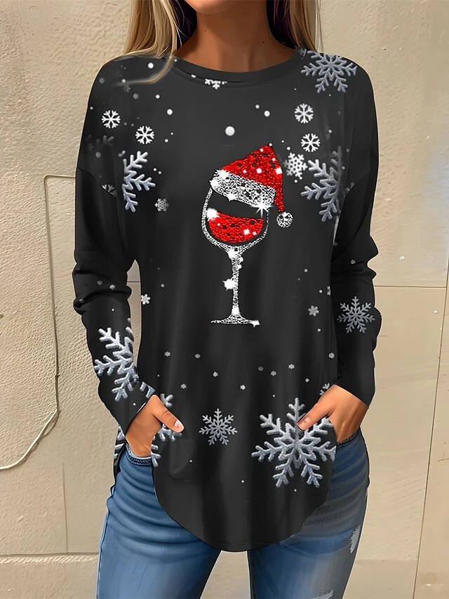 Women's T Shirt Tee Christmas Shirt Black Red Wine Glass Rhinestone Print Long Sleeve Party Christmas Weekend Fashion Christmas Round Neck Regular Fit Painting Spring &Fall 4 Women's T Shirt Tee Christmas Shirt Black Red Wine Glass Rhinestone Print Long Sleeve Party Christmas Weekend Fashion Christmas Round Neck Regular Fit Painting Spring &Fall - Image 2