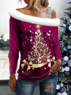 Women's Shirt Blouse Christmas Shirt Red Blue Green Christmas Tree Print Long Sleeve Party Christmas Casual Festival / Holiday Print One Shoulder Fur Collar Regular Fit Spring &Fall 7 Women's Shirt Blouse Christmas Shirt Red Blue Green Christmas Tree Print Long Sleeve Party Christmas Casual Festival / Holiday Print One Shoulder Fur Collar Regular Fit Spring &Fall -Cheap Women Clothing Store yqgwuj1695639417281