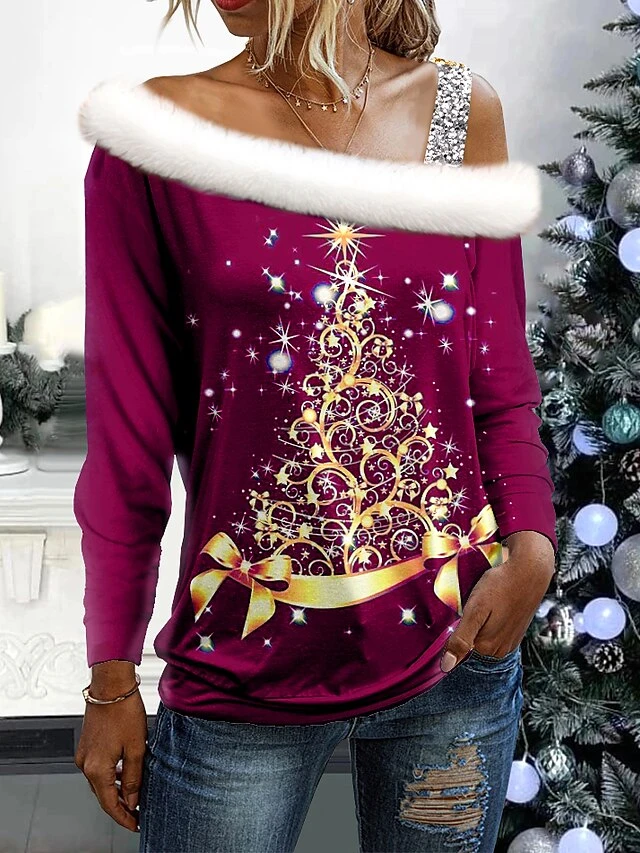 Women's Shirt Blouse Christmas Shirt Red Blue Green Christmas Tree Print Long Sleeve Party Christmas Casual Festival / Holiday Print One Shoulder Fur Collar Regular Fit Spring &Fall 5 Women's Shirt Blouse Christmas Shirt Red Blue Green Christmas Tree Print Long Sleeve Party Christmas Casual Festival / Holiday Print One Shoulder Fur Collar Regular Fit Spring &Fall - Image 3