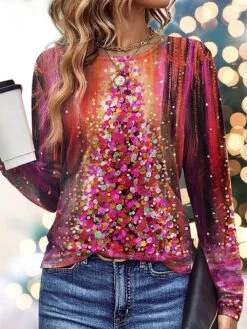 Women's T Shirt Tee Christmas Shirt Pink Blue Orange Christmas Tree Print Long Sleeve Party Christmas Weekend Festival / Holiday Round Neck Regular Fit Painting Spring &Fall -Cheap Women Clothing Store yqyvef1697453720833