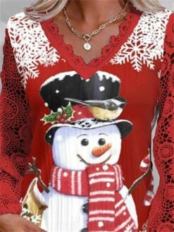 Women's Shirt Blouse Christmas Shirt White Wine Red Snowman Snowflake Deer Lace Print Long Sleeve Christmas Casual Festival / Holiday V Neck Regular Fit Spring &Fall -Cheap Women Clothing Store yrxegs1695639270031