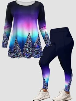 Women's Pants Sets Christmas Shirt Black Blue Purple Graphic Sparkly Print Long Sleeve Casual Festival Christmas Round Neck Regular Fit Spring &Fall -Cheap Women Clothing Store ytufsx1697792607542