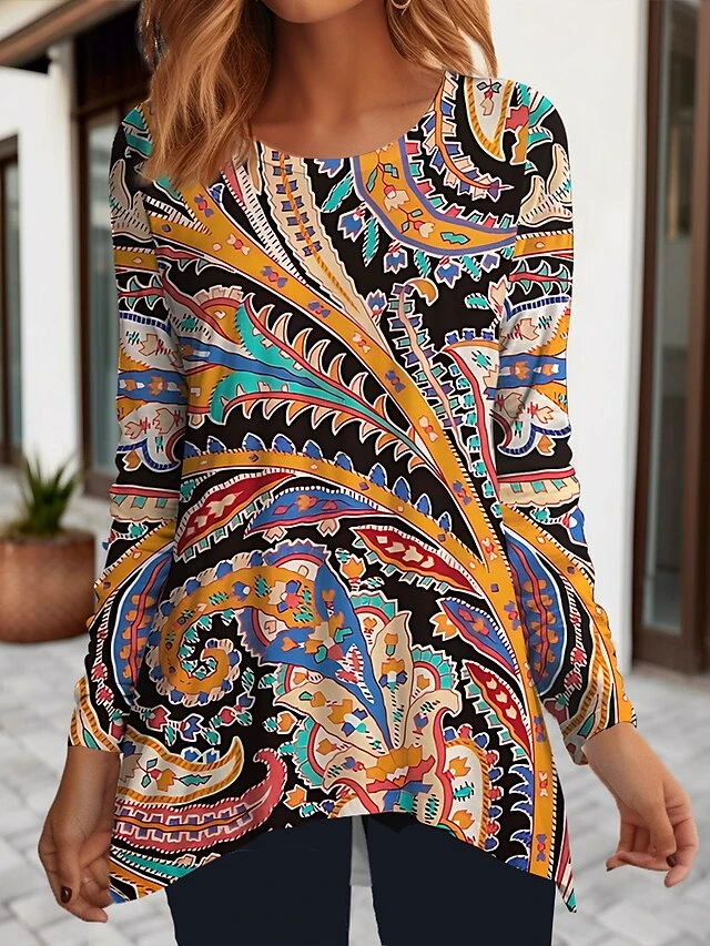 Women's T Shirt Tee Christmas Shirt Yellow Red Blue Paisley Flowing Tunic Print Long Sleeve Daily Weekend Fashion Christmas Round Neck Regular Fit Painting Spring &Fall 5 Women's T Shirt Tee Christmas Shirt Yellow Red Blue Paisley Flowing Tunic Print Long Sleeve Daily Weekend Fashion Christmas Round Neck Regular Fit Painting Spring &Fall - Image 3