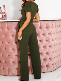 Women's Jumpsuit Lace Up Beaded Solid Color V Neck Elegant Office Christmas Xmas Regular Fit Short Sleeve Black Army Green Red S M L Fall -Cheap Women Clothing Store yuvkhb1695347189825