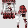 Women's Pants Sets Christmas Shirt Red Graphic Plaid Print Long Sleeve Casual Festival Christmas Round Neck Regular Fit Spring &Fall