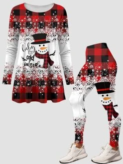 Women's Pants Sets Christmas Shirt Red Graphic Plaid Print Long Sleeve Casual Festival Christmas Round Neck Regular Fit Spring &Fall