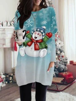 Women's T Shirt Tee Christmas Shirt Green Snowman Snowflake Pocket Print Long Sleeve Christmas Weekend Basic Christmas Round Neck Regular Fit Painting