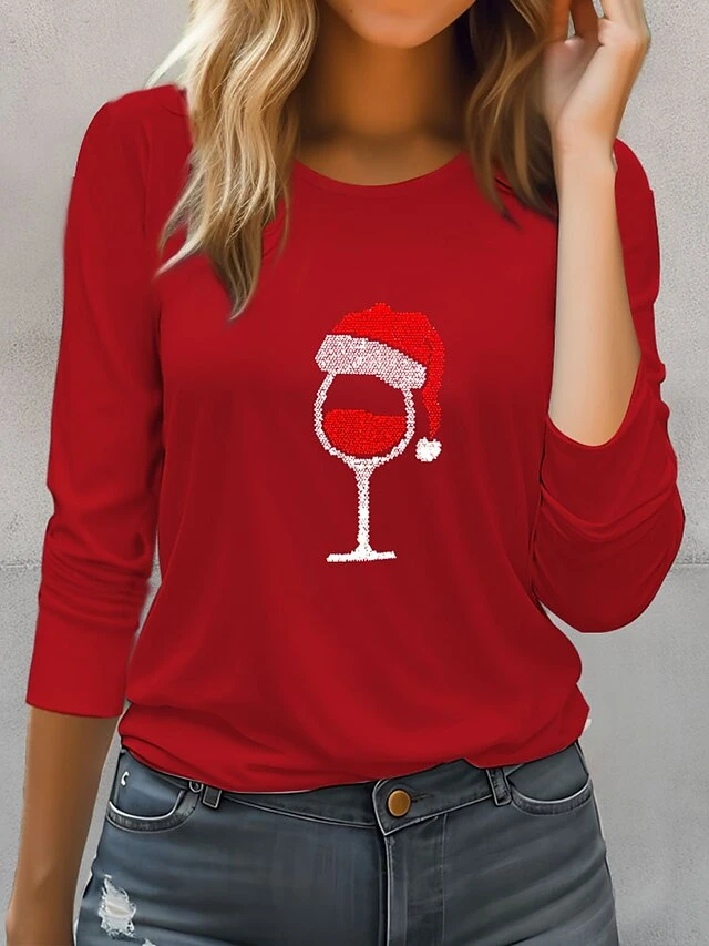 Women's T Shirt Tee Christmas Shirt Black Red Gray Wine Glass Rhinestone Print Long Sleeve Party Christmas Weekend Festival / Holiday Christmas Round Neck Regular Fit Painting Spring &Fall 5 Women's T Shirt Tee Christmas Shirt Black Red Gray Wine Glass Rhinestone Print Long Sleeve Party Christmas Weekend Festival / Holiday Christmas Round Neck Regular Fit Painting Spring &Fall - Image 3