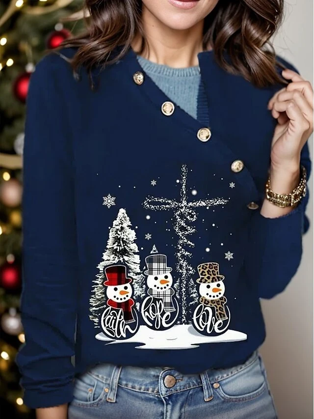 Women's T Shirt Tee Christmas Shirt Black Red Blue Snowman Christmas Tree Button Print Long Sleeve Party Christmas Weekend Festival / Holiday Fur Collar V Neck Regular Fit Painting Spring &Fall 6 Women's T Shirt Tee Christmas Shirt Black Red Blue Snowman Christmas Tree Button Print Long Sleeve Party Christmas Weekend Festival / Holiday Fur Collar V Neck Regular Fit Painting Spring &Fall - Image 4