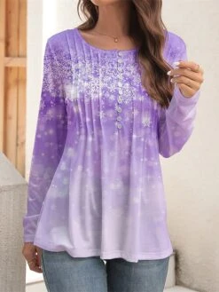 Women's Shirt Christmas Shirt Pink Blue Purple Snowflake Button Flowing Tunic Print Long Sleeve Casual Festival / Holiday Round Neck Regular Fit Spring &Fall -Cheap Women Clothing Store yxbqjz1697454156552