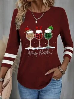 Women's T Shirt Tee Christmas Shirt Black Red Blue Leopard Plaid Wine Glass Print Long Sleeve Party Christmas Weekend Festival / Holiday Round Neck Regular Fit Painting Spring &Fall