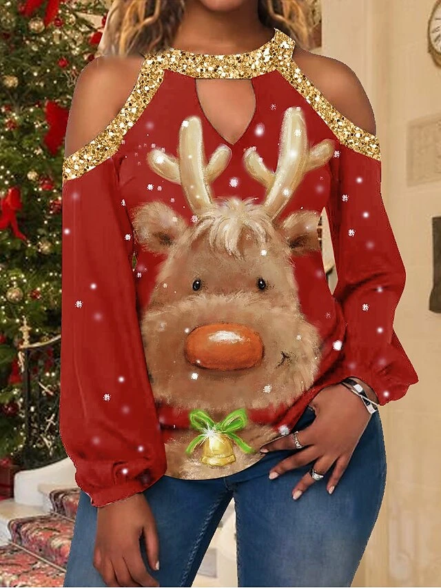 Women's Shirt Christmas Shirt Red Deer Cut Out Print Long Sleeve Christmas Weekend Streetwear Casual Print Round Neck Regular Fit Cold Shoulder 2 Women's Shirt Christmas Shirt Red Deer Cut Out Print Long Sleeve Christmas Weekend Streetwear Casual Print Round Neck Regular Fit Cold Shoulder