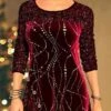 Women's Blouse Christmas Shirt Red Blue Striped Sparkly Sequins Print Long Sleeve Party Christmas Casual Festival / Holiday Round Neck Regular Fit Spring &Fall
