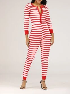 Women's Jumpsuit Button Print Striped V Neck Streetwear Christmas Street Xmas Regular Fit Long Sleeve Pink Red Blue S M L Fall