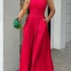 Women's Jumpsuit Ruffle Pocket Solid Color One Shoulder Streetwear Xmas Wedding Party Christmas Regular Fit Sleeveless Red S M L Summer -Cheap Women Clothing Store yywkqf1679396954984