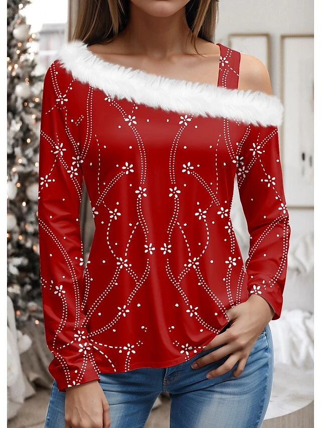 Women's T Shirt Tee Christmas Shirt Red Floral Print Long Sleeve Christmas Weekend Festival / Holiday Fur Collar Regular Fit Painting Spring &Fall 3 Women's T Shirt Tee Christmas Shirt Red Floral Print Long Sleeve Christmas Weekend Festival / Holiday Fur Collar Regular Fit Painting Spring &Fall