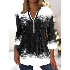 Women's Shirt Blouse Black White Red Graphic Print Snowflake Button Flowing Tunic Print Long Sleeve Christmas Christmas V Neck Regular Fit Fall & Winter