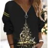 Women's Black Pink Blue Christmas Tree Quarter Zip Print Long Sleeve Christmas Weekend Active Streetwear V Neck Regular Fit Fall & Winter -Cheap Women Clothing Store zbgnpe1665551507361