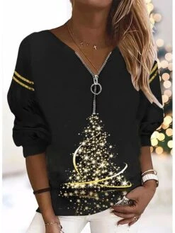 Women's Black Pink Blue Christmas Tree Quarter Zip Print Long Sleeve Christmas Weekend Active Streetwear V Neck Regular Fit Fall & Winter