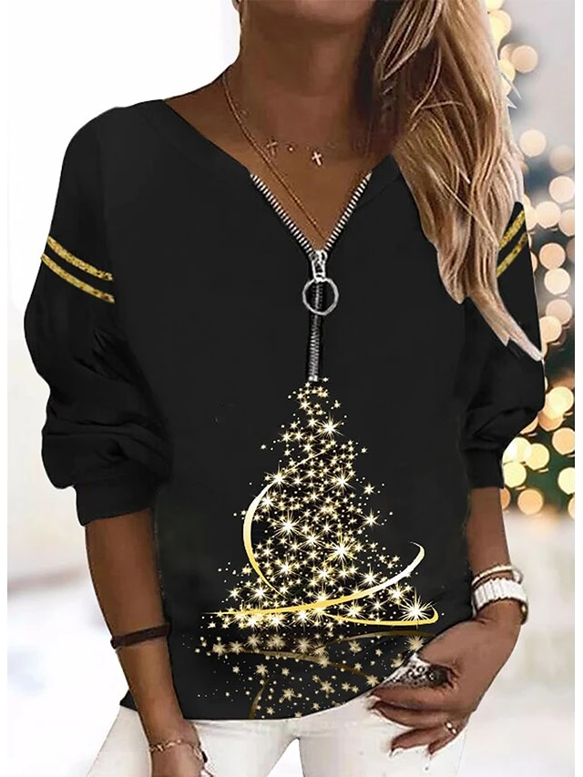 Women's Black Pink Blue Christmas Tree Quarter Zip Print Long Sleeve Christmas Weekend Active Streetwear V Neck Regular Fit Fall & Winter 3 Women's Black Pink Blue Christmas Tree Quarter Zip Print Long Sleeve Christmas Weekend Active Streetwear V Neck Regular Fit Fall & Winter