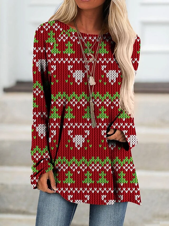 Women's Shirt Christmas Shirt White Wine Red Geometric Ugly Christmas Print Long Sleeve Christmas Weekend Streetwear Casual Round Neck Regular Fit Geometric 4 Women's Shirt Christmas Shirt White Wine Red Geometric Ugly Christmas Print Long Sleeve Christmas Weekend Streetwear Casual Round Neck Regular Fit Geometric - Image 2