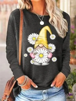 Women's T Shirt Tee Christmas Shirt Black Pink Blue Floral Santa's Helper Print Long Sleeve Christmas Weekend Festival / Holiday Round Neck Regular Fit Painting Spring &Fall -Cheap Women Clothing Store zfxmcj1697540525484