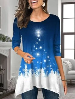 Women's T Shirt Tee Christmas Shirt Red Blue Purple Christmas Tree Snowflake Flowing Tunic Print Long Sleeve Party Christmas Weekend Festival / Holiday Round Neck Regular Fit Painting Spring &Fall -Cheap Women Clothing Store zfxwej1695893605035
