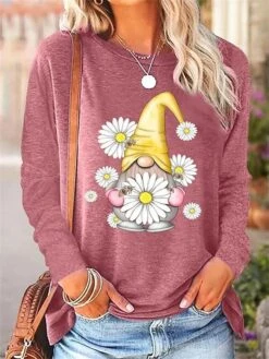 Women's T Shirt Tee Christmas Shirt Black Pink Blue Floral Santa's Helper Print Long Sleeve Christmas Weekend Festival / Holiday Round Neck Regular Fit Painting Spring &Fall