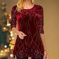 Women's Shirt T Shirt Tee Blouse Christmas Shirt Yellow Red Striped Sparkly Sequins Print Long Sleeve Party Christmas Weekend Festival / Holiday Round Neck Regular Fit Painting Spring &Fall